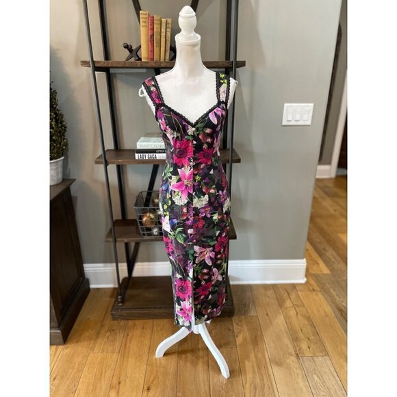 Marchesa Notte Floral Print Tea Length Sheath Midi Dress Black Womens 2 - Picture 8 of 16